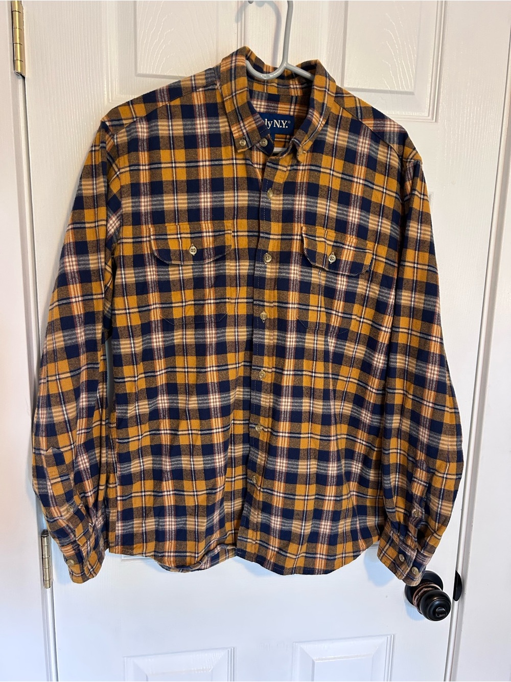 Only N.Y. Men’s Yellow and Navy Plaid Flannel Shirt